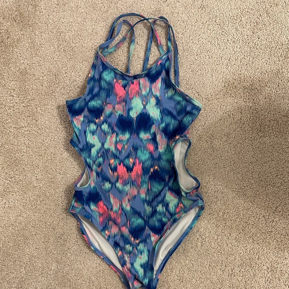 Blue and Pink Patterned Swimsuit (sz large, 10-12)